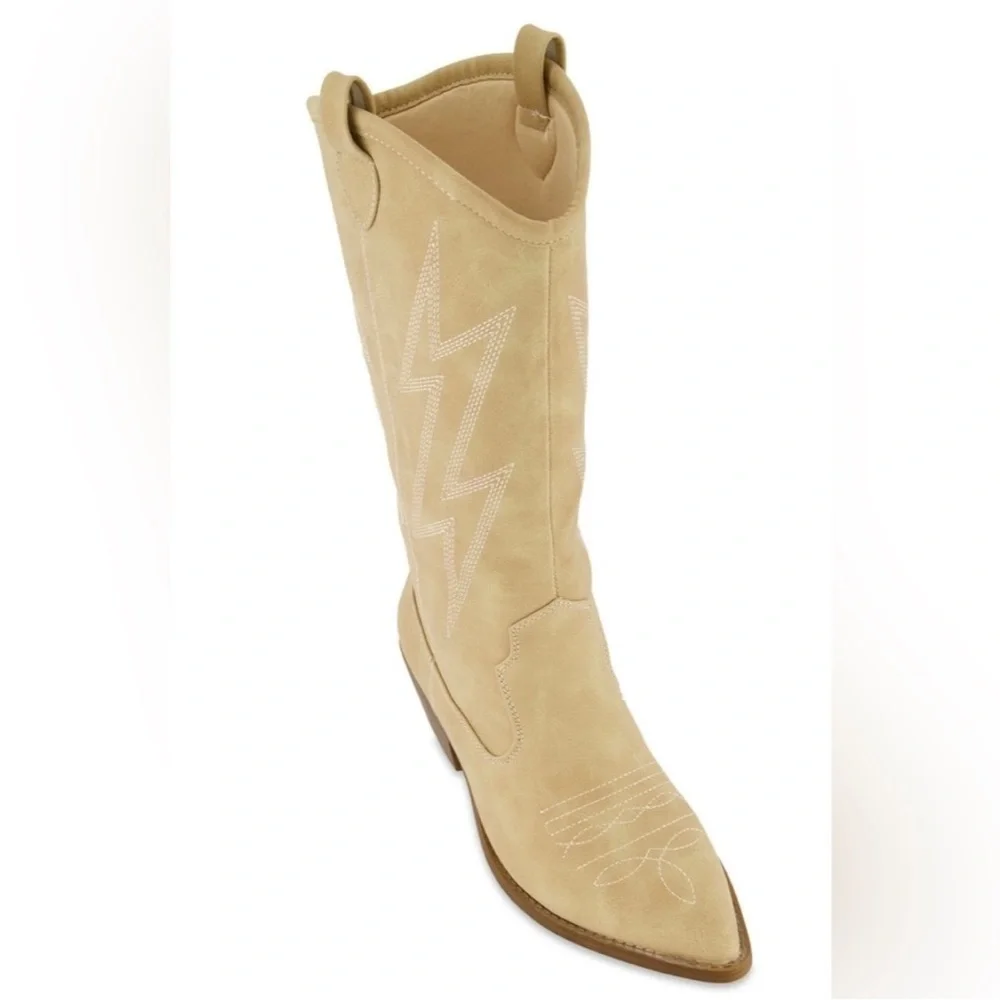 🩵 Women Lighting Bolt Leather Cowboy Western Natural Boots NWT ‼️SALE